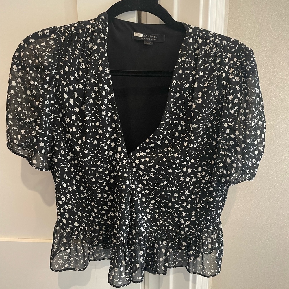 All Saints Black and White Puff Sleeve Crop Blouse